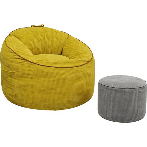 Ergonomic Curved Bean Bag Chair with Detachable Storage Pocket and Matching Cylindrical Ottoman for Modern Home Comfort