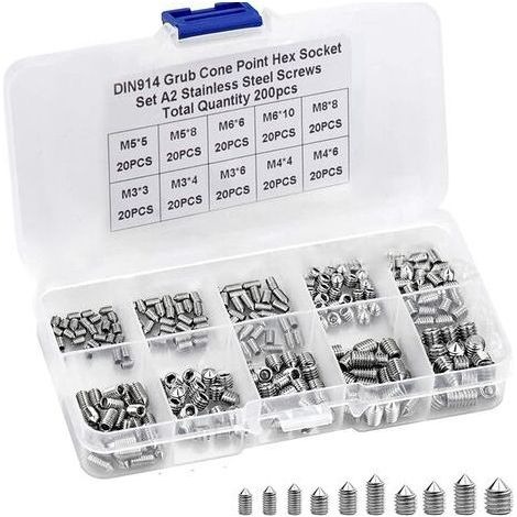 200 pièces de vis sans tête Vis sans tête à six pans creux en acier inoxydable 304 M3 M4 M5 M6 M8 Vis de poinçonnage Vis de poignée de porte Vis sans tête coniques Vis combinées (1/5)