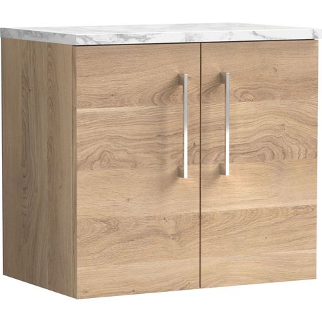 Balterley Bramshall 600mm Wall Hung 2 Door Vanity Unit with Laminate Worktop for Stylish Compact Bathroom Storage - Bleached Oak