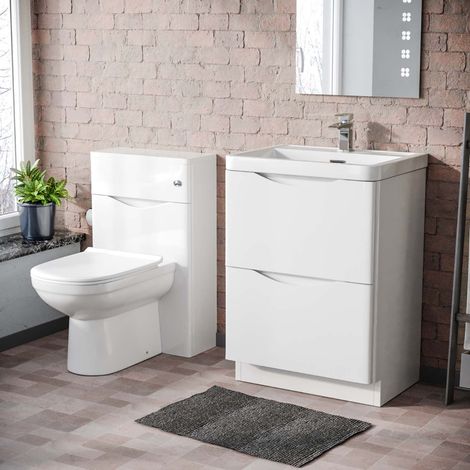 Merton 600 Freestanding White Basin Vanity Cabinet, WC & Round BTW Toilet Set (1/5)