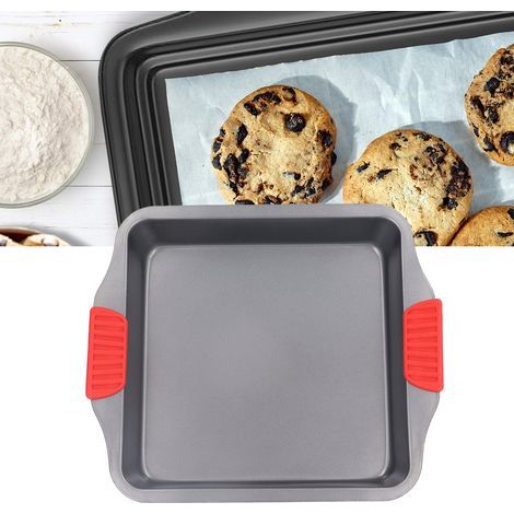 Plaque de cuisson en acier au carbone avec poignées silicone rouge, revêtement antiadhésif, design surélevé et lavable au lave-vaisselle - Moule carré pour four (1/5)