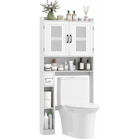 Etagere de rangement dessus wc, placard 2 portes, support papier toilette, blanc, salle de bain (1/5)