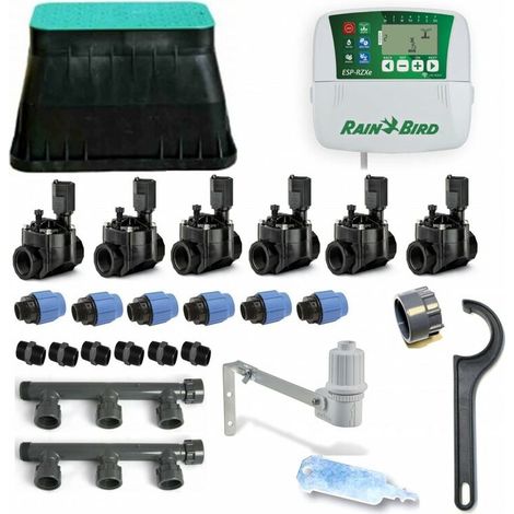 Rain Bird – Kit d'irrigation 6 zones – Programmateur arrosage – Alimentation électrique 230V – Pression nominale 3 bars – Détecteur de pluie inclus