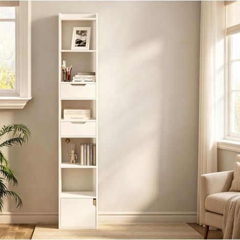 Bücherregal 33x24x181 cm Weiß Holz mit 6 offenen Fächern, 2 Schubladen und Schranktür (1/3)