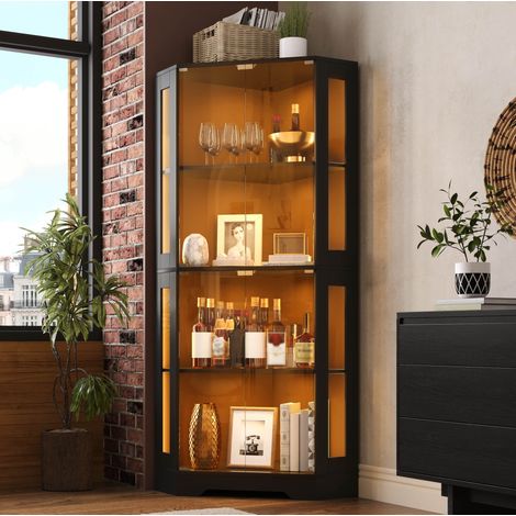Vitrina esquinera de cristal 165 cm con LED, 4 puertas de vidrio templado, negro OKMYHOME (1/5)