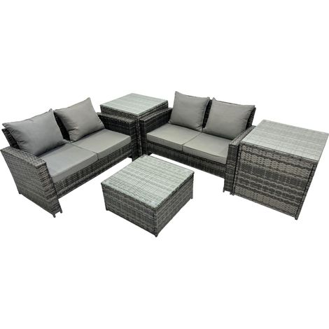 Fimous PE Rattan Garden Furniture Set Lounge Double Seat Sofa Coffee Table Set with 2 Side Tables Dark Grey Mixed (1/5)