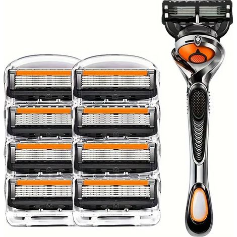 Five-blade stainless steel manual razor with scratch-resistant handle, effective facial cleaning tool, includes 1 razor handle and 8 replacement blades (1/2)