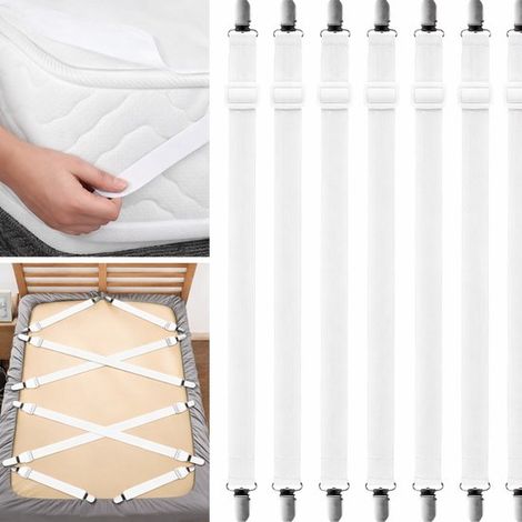 Ensemble de draps-housses. Draps toujours bien tendus. Réglables de 35 à 130 cm. Pinces métalliques robustes avec protections. Pour lits, camping et nappes. Élastique. (1/5)