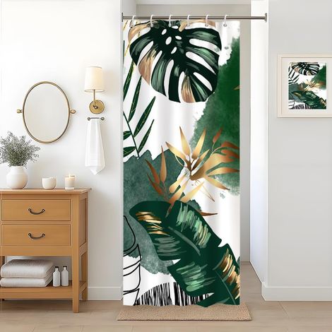 Rideau Douche Anti Moisissure, Rideau de Douche Jungle 90x180cm Vert Tropical Abstrait Feuilles de Palmier Rideaux de Baignoire Imperméable (1/4)
