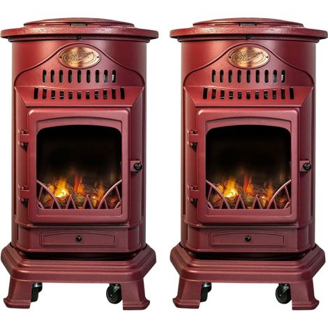 Pack de 2 Poêles à gaz Rouge Provence en fonte 3,4KW Effet feu de bois Chauffage d'appoint gaz sur roues Sahara (1/5)