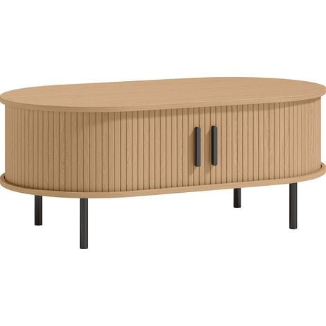 Table basse ovale en bois naturel, meuble de salon contemporain avec tiroirs coulissants et espace de rangement dissimulé, 100x55x40cm (1/5)