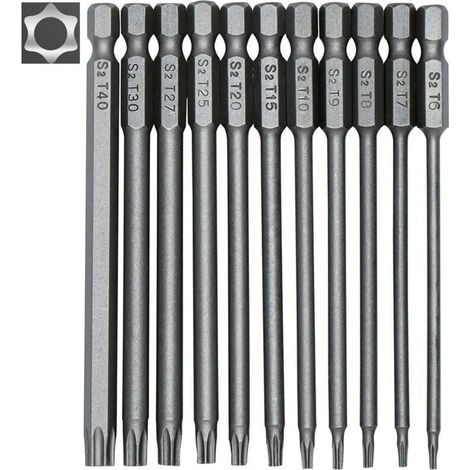 Jeu de 11 embouts longs Torx pour tournevis et visseuse électrique - Embouts magnétiques - Tige hexagonale de 1/4" - Tailles T6 à T40 - Longueur 100 mm (1/5)