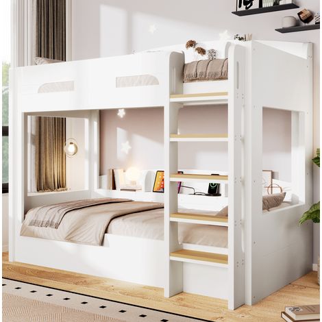 Cama alta con cama inferior 90 x 200 cm, USB, almacenaje abierto, blanco OKMYHOME (1/5)