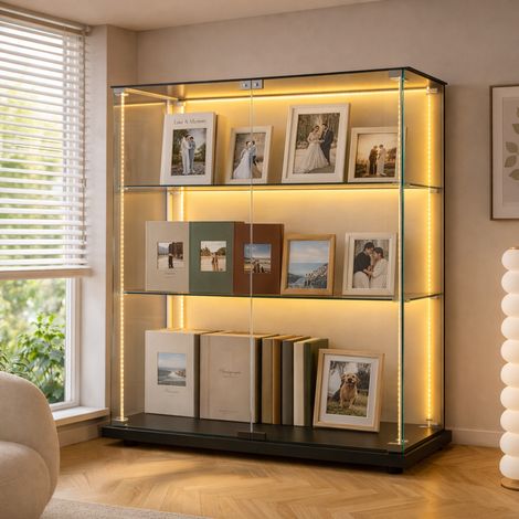 Vitrine verre trempé 78,5x35x123,3 cm, 3 étagères, double porte, éclairage LED, serrure de sécurité, base noir