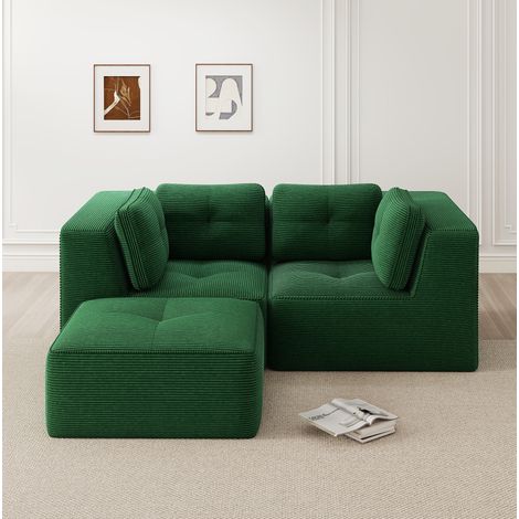 Canapé de esquina modular de pana verde, forma L, sin montaje y configuración flexible (1/5)