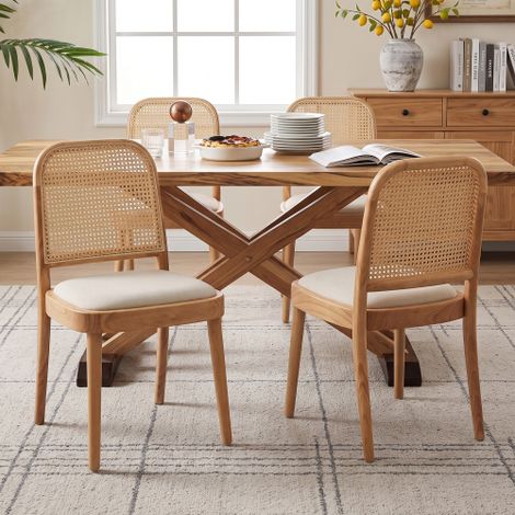 4 sedie da pranzo in legno massello con schienale in rattan, comode e traspiranti, adatte a sale da pranzo, soggiorni, caffè, stile moderno, lino, colore legno (1/5)