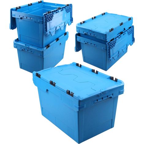 BRB Lot de 5 boîtes de rangement multifonctions avec couvercle rabattable Bleu 600 x 400 x 350 mm 58 l