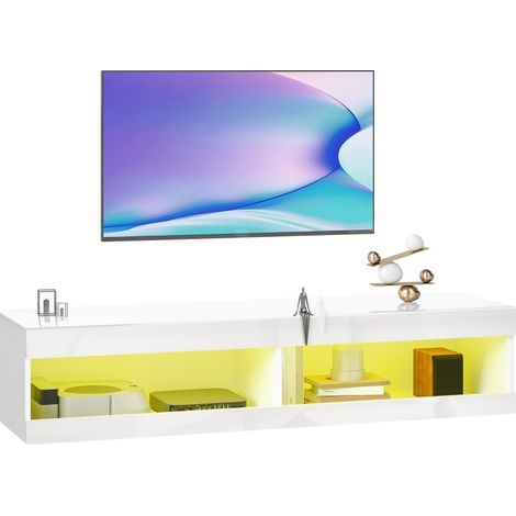 Meuble TV mural LED RGB 16 couleurs, 2 niches ouvertes et gestion des câbles, finition blanc brillant, pour écran 55-60 pouces, 140 cm, gain de place - CHICFURN (1/5)