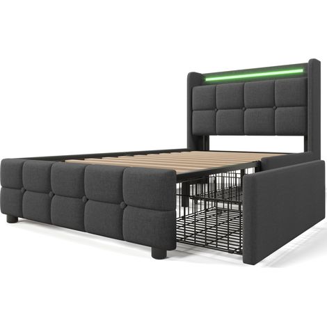 Estructura de cama gris de 90 x 200 cm con almacenaje, somier de láminas de madera, enchufes y puertos USB, cabecero con iluminación LED, apta para adolescentes y adultos (colchón no incluido). (1/5)