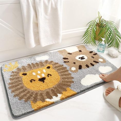 Tapis de sol floqué Petit Lion 50 x 80 cm pour salle de bain, entrée et toilettes - Antidérapant et absorbant (1/4)