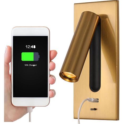 Lampada da comodino a LED, lampada da incasso USB per comodino/parete, orientabile a 350°, pieghevole a 90°, colore ottone, luce calda 3000K. (1/5)