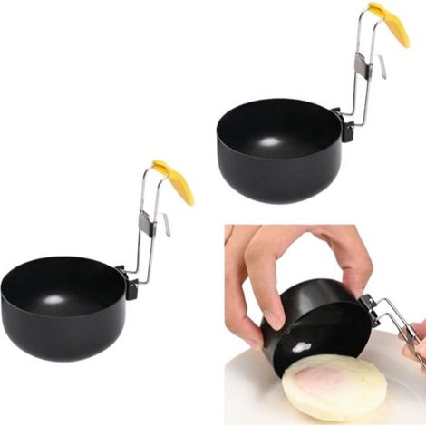 Juego de cubiertos redondos de 2 piezas para cocinar huevos, plegables con asas para colgar, incluye molde huevos escalfados cuchara negra huevos (1/5)