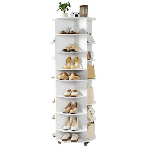 Zapatero Ajustable, Armario para 28 Pares de Zapatos, 7 Estantes y 4 Compartimentos, Giratorio 360°, con Ruedas, Ideal para Dormitorio, Sala de Estar o Recibidor, Blanco, 588 x 588 x 1646 mm (1/5)