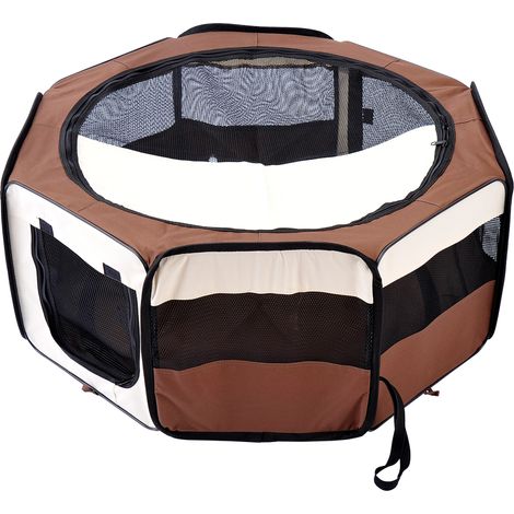 Parc/enclos pliable octogonal pour chiens, chats et petits animaux, en tissu Oxford et acier, Ø 90 x 41 cm (hauteur), marron/beige (1/5)