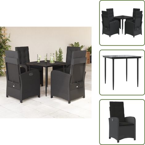 Rattanstuhl - vidaXL 5-tlg. Garten-Essgruppe mit Kissen Schwarz Poly Rattan - Sitzkissen (1/5)
