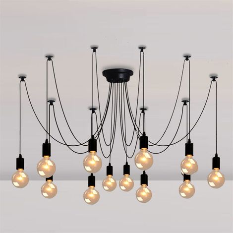 – Suspension luminaire araignée 12 lumières E27 – Métal noir rétro – Pour restaurants et cafés – Installation facile (1/5)