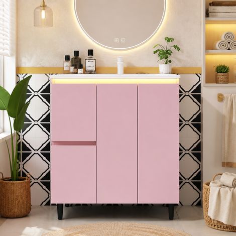 Mueble de baño independiente de 764789 cm, totalmente lacado, iluminación LED con detector de radar, bisagras de cierre suave, lavabo integrado, diseño con patas altas, color rosa. (1/5)