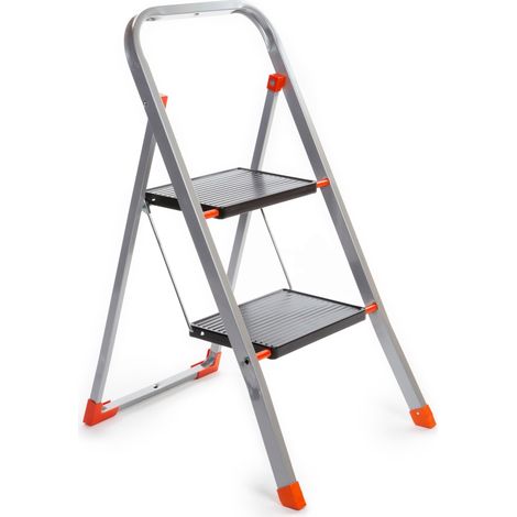 Toolland Trittleiter 2 Stufen klappbar mit Sicherheitsbügel, leichte Haushaltsleiter aus Metall mit Epoxidbeschichtung, rutschfeste Stufen 20x30 cm, Tragkraft 150 kg, EN 14183