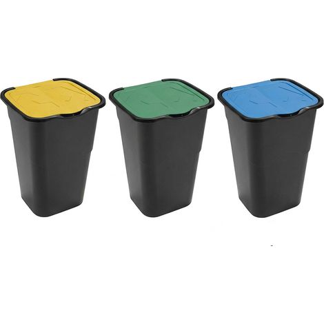Set 3 Bidoni per la Raccolta Differenziata 50 LT con Coperchio Verde Giallo Blu  Pattumiere contenitori rifiuti in Plastica Robusta Nera per Casa Ufficio Interni esterno Apazzatura in ordine con stile