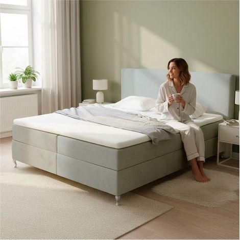 Lit Coffre Bicolore 160x200 cm Velours Alcantara nuance de beige avec Matelas et Rangement Integre (1/5)
