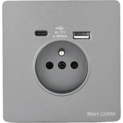1pc Prise Électrique Murale 16A avec USB et Type C, Multiprise Murale avec Verre Trempé, Prise USB Charge Rapide pour Smartphone, Tablette et Appareils Électriques, Gris (1/5)