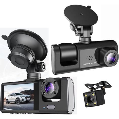 Caméra embarquée avant/intérieure et arrière, 3 grands angles, carte TF 32 Go, caméra embarquée HD 1080p, avec vision nocturne, surveillance du stationnement 24h/24, enregistrement en boucle, WDR, cap (1/5)