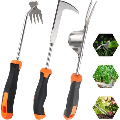 3-teiliger Hand-Unkrautjäter mit Gummigriff, Hand-Unkrautwerkzeug, Garten-Unkrautjäter aus verdicktem Edelstahl, einfache Aufbewahrung, zum Jäten Ihres Gartens, Graben