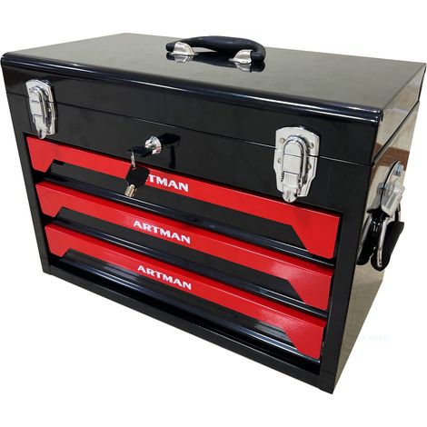 Coffre à outils 3 tiroirs en acier noir et rouge, tiroirs à roulement à billes, poignée de transport et plateau supérieur, pour atelier et garage - CHICFURN (1/5)