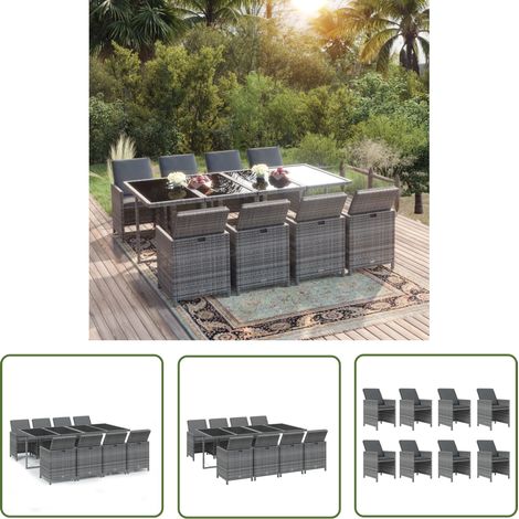 The Living Store 9-tlg. Garten-Essgruppe mit Kissen Poly Rattan Grau - Gartengruppe - Gartenmöbel - Esstisch - Esszimmerset - Rattan Möbel (1/5)