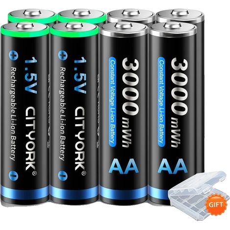 Batería recargable AA, capacidad de 3000 mWh, tecnología de iones de litio, 8 pilas AA. (1/2)