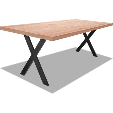 Tavolo da pranzo 220x100cm in legno e metallo con piedi ad "X" e ripiano in colore legno neutro