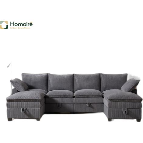 Canapé modulable en velours côtelé gris avec rangement, port USB et accoudoirs 280 x 151 x 82 cm HOMAIRE (1/5)