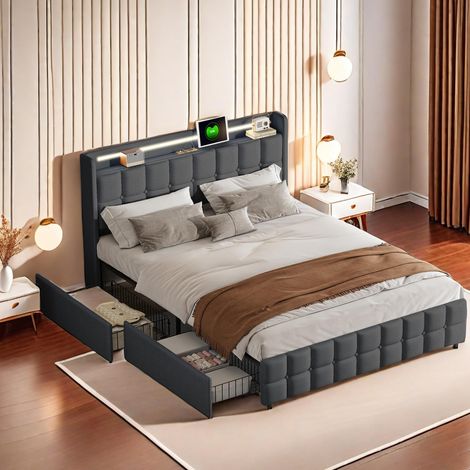 Lit Double Capitonné 160x200cm,lit Tiroir avec Éclairage LED et Charge USB,LIT Double avec 4 Tiroirs de Rangement,Lit 2 Personnes avec Sommier à Lattes,sans Matelas, Gris (1/5)