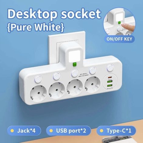 Prise électrique européenne à 5 prises, sans rallonge, avec ou sans ports USB Type-C. Deux spécifications. (1/5)
