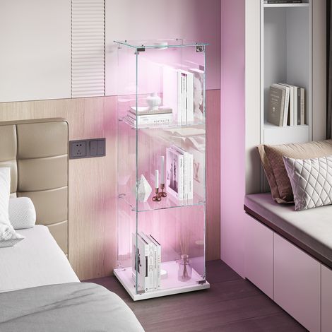 FOERPL-Glasvitrine mit LED-Beleuchtung, Säulenvitrine mit 3 Ablagen für Sammlungen, Glas-Weinschrank mit 1 Tür und Schloss Vertikale Sammlungsvitrine/Aufbewahrungsvitrine