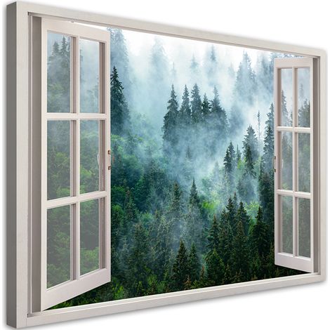 Quadro su tela, Finestra della foresta verde nella natura nebbia - 100x70 (1/4)