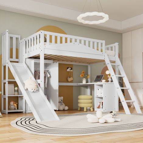 Lit superposé 90x200 cm enfant avec bureau, armoire, toboggan, échelle rangement, garde-corps sécurisé, bois blanc (1/5)