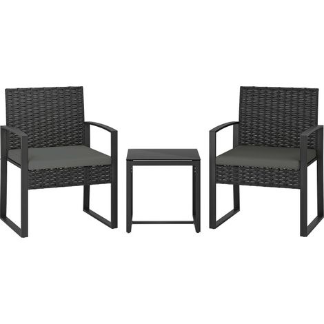 3-teiliges Bistrot-Gartenmöbelset aus Polyrattan, dunkelgrau, mit Kissen und Glastisch (1/3)