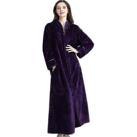 Peignoir zippé pour femme, en flanelle polaire, robe de chambre chaude pour l'hiver, nuisette violette M (1/3)