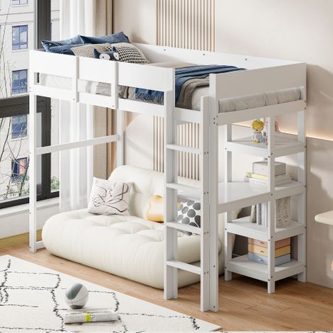 Cama alta de 140x200 cm, con escalera de seguridad y armario – Cama para niños y adultos, sin colchón, Metal, Blanco (1/5)